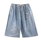 GYZCZX Frauen Jeans Mode Vintage Chinesischen Stil Blumenstickerei Beiläufige Lose Wide Bein Kalb Länge Denim Hosen (Color : Blue, Size : XXX-Large)