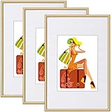 WOLTU BR9864gd-3 Bilderrahmen 3er Set mit Passepartout Kunststoff Rahmen, Glasvorderseite, Gold, 30x40