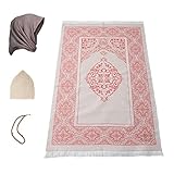 SAQENZA Gebetsteppich mit Hijab, Gebetskette und Gebetskappe, tolles Ramadan-Geschenk, Eid-Geschenk für Männer, Frauen und Kinder (Ziegelorange)