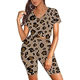 Schlafanzug Damen Mode Trainingsanzug Frauen Leopardenmuster Drucken V-Ausschnitt Kurzarml Shirt Top + Shorts Hose Sportswear 2 Stück Set Sport Yoga Outfit Nachtwäsche Sleepwear Pyjama S
