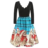 Weihnachten Damen Kleider Minikleid Langarm Rockabilly Cocktailkleid V-Ausschnitt Midikleid Vintage Gedruckt Partykleid A-Linie Swing Kleid Festlich Christmas Dress Festival Geschenk(14-Himmelblau,S)