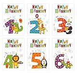6 schöne Geburtstagskarten für Kinder im Set mit Umschlag. 1 2 3 4 5 6 J