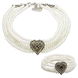 Alpenflüstern Trachtenschmuck-Set Perlen-Trachtenkette und Trachten-Armband Margarethe - Damen-Trachten-Schmuck mit Trachten-Herz, Trachtenset Dirndl-Kette und Trachten-Armkette Creme-weiß SET029