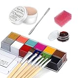 CCbeauty SFX Make-up-Set 12 Farben Gesichtsfarbe (159,9 g), Bühnenspezialeffekte Halloween Wundnarbenwachs (45,4 g), künstliches Schorfblut (17,9 g), Spatel, 6 Holzpinsel, 1 Stipple-Schw