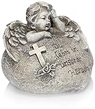 com-four® Grab Dekoration Engel, Gedenkstein mit Rosen und Kreuz, wetterfester Grabschmuck, Trauerstein mit Gedenkspruch (1 Stück - Engel Du lebst in unseren Herzen)