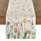 Artoid Mode Tulpe Lavendel Frühling Tischläufer, Waschbar Modern Muttertag Küche Esstisch Dekoration für drinnen und draußen Urlaub Party Wohnzimmer Dekor 40 x 140