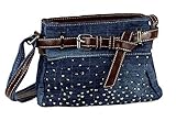 Cool Jeans Umhängetasche mit Gürtel und kleinen Steinchen/Nieten - Glitzereffekt - Maße ohne Henkel 22x17x6 cm - Damen Mädchen Teenager Tasche - Used Look Style (dunkelblau/JG/helle Naht)