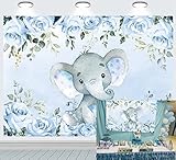 INRUI Blauer Elefanten-Fotografie-Hintergrund, niedlicher Elefant, Baby-Party, floraler Hintergrund, Elefant, Geburtstag, für Jungen, Dekoration, 2,1 x 1,5