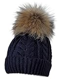 MERRYLAND Mütze XXL Echtfellbommel Pudelmütze Bommelmütze ECHTFELL Hat Real Fur Handmade Fellbommel Echt Fell Bommel Strickmütze Pelzbommel Waschbär R