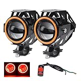 Furious Fast Motorrad Frontscheinwerfer, Universal 2pcs Motorrad Scheinwerfer Angel Eye D-Evil Eye Motorradscheinwerfer U7 DRL Helle Zusatzlampe Mit Schalterleitung (Color : Red)