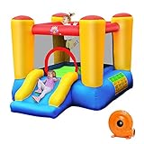 COSTWAY Hüpfburg + Gebläse Kombination mit Rutsche, Springburg Hüpfschloss Aufblasbares Trampolin Spielburg Outdoor Bouncer Luftgebläse inkl. Tragetasche, Ruten, Reparaturpaket 200x254x160