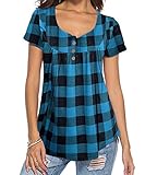 DEMO SHOW Damen Tunika Top Locker Langarm V Ausschnitt Knopfleiste Plissiert Floral Henley Shirt Bluse T Shirt (Kariert blau 01, XL)