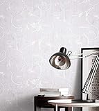 NEWROOM Tapete Grau Vliestapete Glänzend - Mustertapete Ethno Weiß Silber Kreise Spirale Metallic Glamour Baumscheibe inkl. Tapezier-Ratgeb