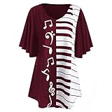 iYmitz Damen Bluse Musical Notes Print Tops beiläufige lose Kurzarm T-Shirt Bluse Tops Oberteil Tees(Wein,5XL)