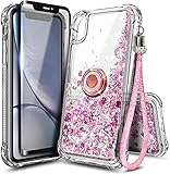 NGB Schutzhülle für iPhone XR mit gehärtetem Glas Displayschutz, Ringhalter/Handgelenkschlaufe, Mädchen Frauen Flüssig Bling Sparkle Fließend Floating Glitter Treibsand Clear Cute Case (Roségold)