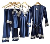 Laura Lily Damen-Pyjamas aus Satin, seidig, einfarbig, mit Spitze, 5-teiliges Set, marineblau, L-XL