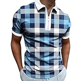 Poloshirt Herren Kurzarm Patchwork-Oxfordstoff Slim Fit Golf Polohemd Sommer Reißverschluss Revers Shirts Karierter Druck kurzen Ärmeln Sportshirt für H