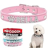 Hundehalsband mit Name, Personalisiert PU Leder Halsband und Leine Set mit Strass, Dog Collar Namensbuchstaben und Charms D-Ring für Kleine und Mittelgroße Hunde Geeignet (Rosa S)