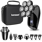 Rasierer Herren Elektrisch,KENSEN 6 in 1 Glatzen Rasierer 7D Rotationsrasierer für Herren IPX6 Waterproof Kopf-Rasierapparat Nass und Trocken Rasierer Nasenhaartrimmer mit LCD und Gesichtsbü