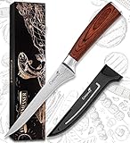 Caridano® Filetiermesser - Scharfes Filiermesser mit Klingenschutz - Edles Küchenmesser mit Pakka Holzgriff - Profi Ausbeinmesser Fischmesser zum filetieren und Fisch enthäuten inkl. Geschenkbox