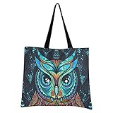 Livingsoft Vogel Eule Tribal Ethno Canvas Tote Bag Shopper Tasche Wiederverwendbare Echofreundliche Lebensmitteltasche mit Reißverschlusstasche für Damen H