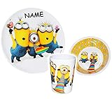 3 TLG. Geschirrset -  Minion - Ich einfach unverbesserlich  - aus Melamin - incl. Name - Teller + Trinkbecher + Müslischale - Kindergeschirr - Frühstück