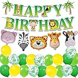 MAKFORT Kindergeburtstag Deko Happy Birthday Girlande und lustig Tier Folienballons Konfetti Luftballons Grün für Kindergarten Dekoration Urwald Party Geburtstag Mädchen Jung