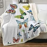 LKMVA 3D Gedruckte Decke Bunter Schmetterling Auf Weiß 150 x 200cm Super Soft Sherpa Fleece Decke Mikrofaser Flanell Plüschdecke Geeignet für Erwachsene Geburtstagsgeschenk Tragbare Reisedeck