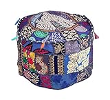 BhagyodayFashions Indischer runder Patchwork-Pouf mit Stickerei, Ottomanen-Bezug, Hocker-Bezug, Kissen, gemustert, Cocktail-Optik, Baumwolle, handgefertigt, 45,7 x 33,6 cm (blau)