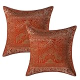 Stylo Culture Ethnic Dekorative Kissen 40 x 40 Satz von 2 Orange Brokat Jacquard Wohnzimmer Couch Kissenbezüge Elefant Pfau 40 x 40 cm Kissenbezüg