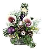 Künstliche Calla mit Tanne und Beiwerk Stern Kugeln Zapfen Zweige Gesteck auf Stein Kunstblume künstliche gefälschte Seidenblume Kunstpflanze Dekopflanze Dekoblume Blumenarrangement Weihnachtsdek