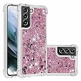 Lijc Kompatibel mit Samsung Galaxy S21 Plus 5G Hülle Liquid Quicksand Transparent Four Corners Anti-Fall TPU Stoßstange Weiches Silikon Stoßfeste Abdeckung-Diamant Roségold Lieb