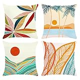 Bonhause 4er Set Kissenbezüge 45 x 45 cm Moderne Tropische Blätter Berge Sonnenuntergang Samt Soft Dekorative Kissenhülle Zierkissenbezüge für Sofa Schlafzimmer Wohnzimmer Auto Zuhause Dek