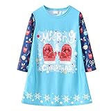 MRULIC Kleinkind MäDchen Weihnachtskleid Langarm Rundhals Kleider Weihnachten Drucken Patchwork Prinzessin Kleid Weihnachten KostüM Festliche Geschenk(Hellblau,110)