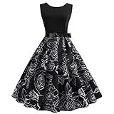 LOPILY Damen Abendkleider Faltenrock Vintage Retro Rockabilly Schwingen Swing Kleider Cocktailkleid Partykleid Blumenmuste Ballkleid Kleider(Schwarz,DE-38/CN-XL)