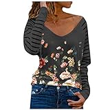 Masrin Mask Damen Tops Spring V-Ausschnitt Streifen Blumen Bedruckt Pullover Langarm Patchwork Shirts Bluse(XL,#A Schwarz)