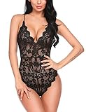 Avidlove Damen Body Sexy Dessous Spitzen Bodysuit Transparentes Teddy Babydoll V-Ausschnitt Reizwäsche Lingerie Negligee Schwarz S