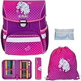 Schulranzen Herlitz Loop Plus Jungen Mädchen Ranzen Tornister Schultasche leicht 5 Teile Set mit Regenhülle (Horse 725)