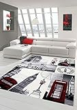 Designer Teppich Moderner Teppich Wohnzimmer Teppich London Motiv Creme Grau Rot Schwarz Größe 60x110