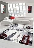 Designer Teppich Moderner Teppich Wohnzimmer Teppich London Motiv Creme Grau Rot Schwarz Größe 60x110