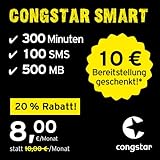 congstar Smart Tarif [SIM, Micro-SIM und Nano-SIM] 24 Monate Laufzeit (8,00 Euro/Monat, 500 MB Datenflat mit max. 21 Mbit/s, monatlich 300 Minuten und 100 SMS) in bester D-Netz-Q