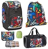 Lego Ninjago Nielsen Schulranzen Set 5tlg. Prime Empire Schul-Rucksack 1. - 5. Klasse mit Federmappe und Sporttasche Spinjitzu Lloyd Kai Jay Ninja Kämpfer Schulranzen-S