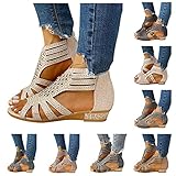 Damen Keilabsatz Sandalen Große Größe Strass Retro Boho Sandalen Frauen Sommer Offene Schuhe Plattform Freizeit Sandaletten Sommerschuhe Reißverschluss S