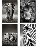 PICSonPAPER Poster 4er-Set Wildlife, ungerahmt DIN A4, Dekoration fürs Wohnzimmer oder Büro, Dekoposter, Kunsstdruck, Wandbild, Elefant, Löwe, Nashorn, Zebra, schwarz Weiss, Geschenk (Format DIN A4)