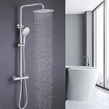 ONECE Duschsystem Thermostat Regendusche mit Edelstahl Duschkopf, Duschgarnitur Runde Duscharmatur mit 12 Zoll Überkopfbrause und 3 Strahlarten Handbrause, verstellbar Duschstange, C
