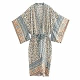 KUMADAI Kimono Damen Böhmen Blumen Rayon Blumen Drucken Cardigan mit Gürtel Locker Leicht Lang Bikinibluse Beiläufig Festtagskleid Pyjama Bademantel,Blau,S
