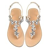 Damen Strass Sandalen, Damen Sandalen, Gladiator Strass Low Heels, Sommer Flip-Flops, böhmische Strandschuhe, Braut Hochzeit Brautjungfer Beige Größe 41