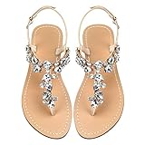 Damen Strass Sandalen, Damen Sandalen, Gladiator Strass Low Heels, Sommer Flip-Flops, böhmische Strandschuhe, Braut Hochzeit Brautjungfer Beige Größe 41