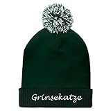 Pudelmütze mit Namen Grinsekatze Bestickt - Farbe Grün - personalisierte Mütze, Strickmütze, Namensstickerei, Bommelmü