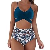 Copelsie Bikini Damen Push Up Set Damen Bikini Set Bikini Panty High Cut Badeanzug High Waist Crossover Bademode Bikinihose Sexy V Ausschnitt Sportlich Zweiteiliger Strandbik